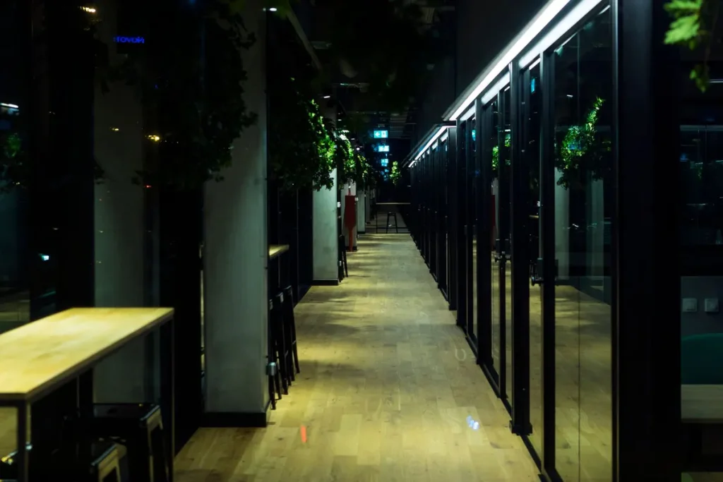 LED lighting in a commercial office hallway