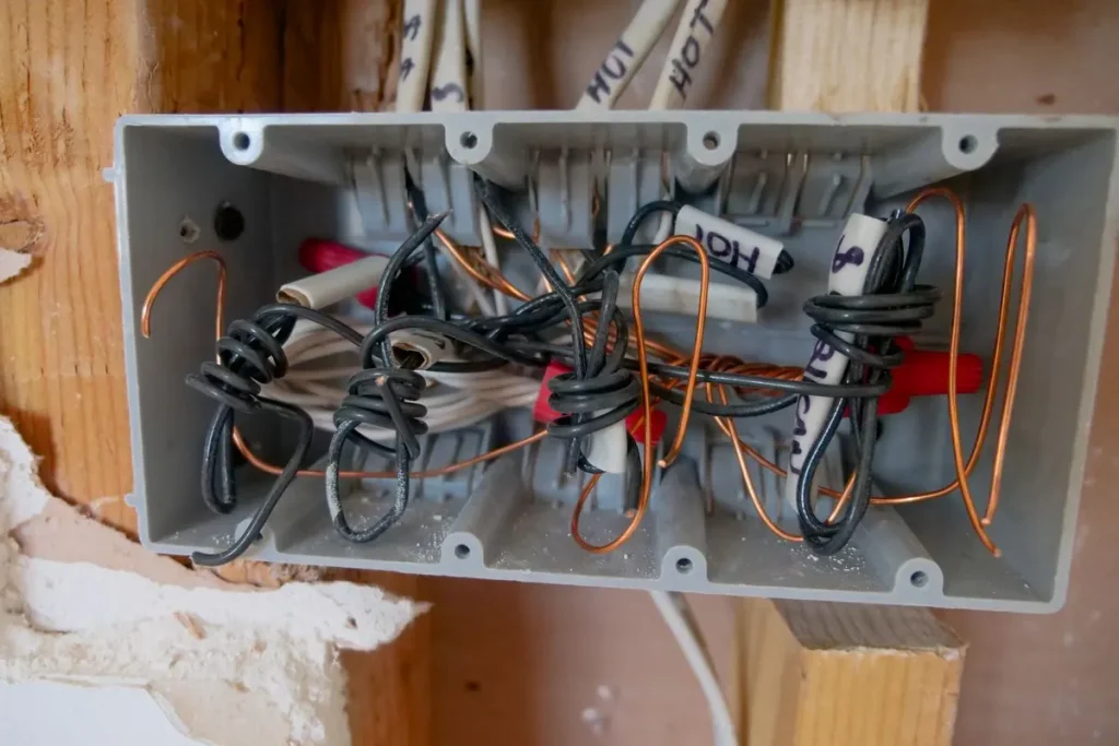 Open electrical box with wiring during a panel upgrade