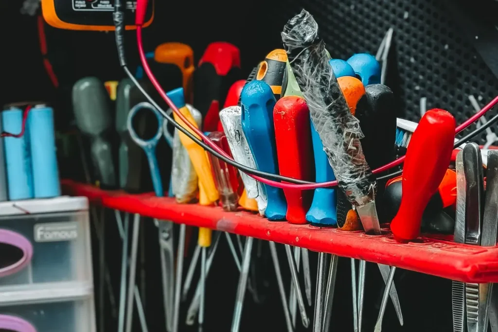 Electrician workbench with meters and tools